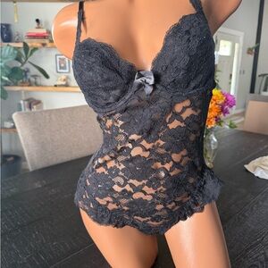 Vintage Victoria’s Secret Black Lace Bustier Bodysuit 34B Sheer Teddy Small